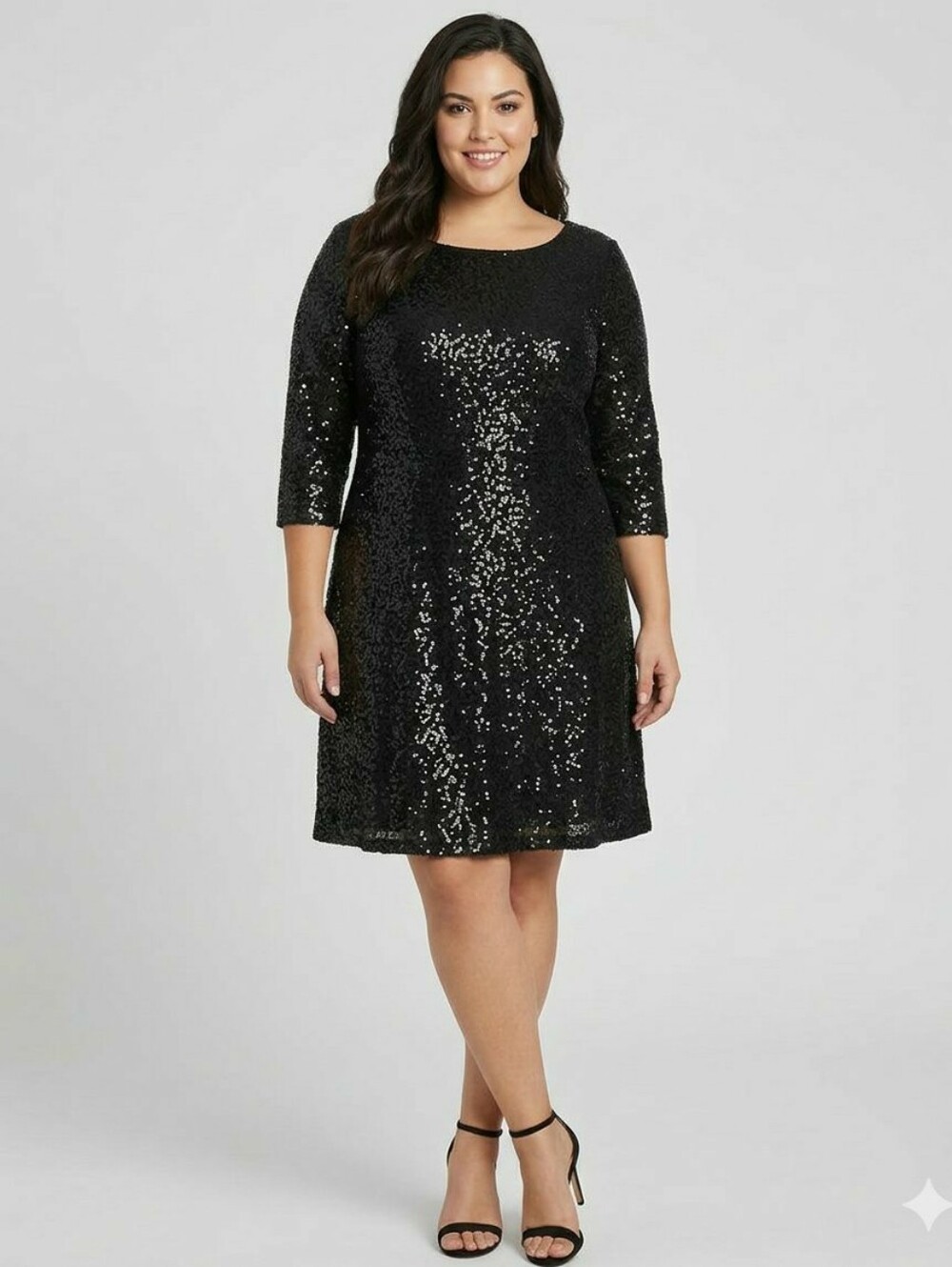 Alex Marie Black Sequin A-Line Dress Scoop Neck 3/4 Sleeve Knee Length, 16